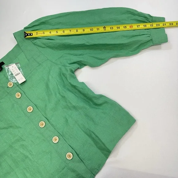 NEW J. Crew 100% Linen Women's Medium Green Top Blouse Preppy Office Puff Sleeve - Picture 12 of 12